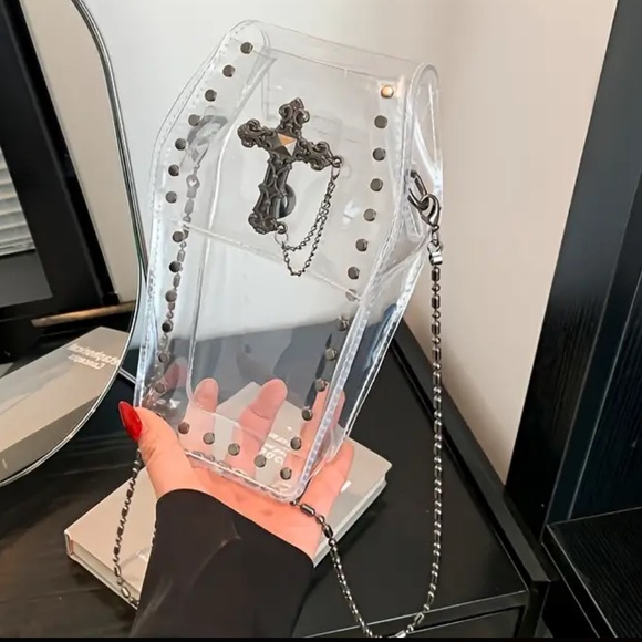 🆕 Gothic Punk Y2K Cross Coffin Design Transparent Shoulder Bag Gunmetal Chain - Picture 7 of 10